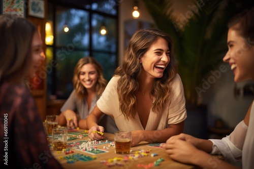 Young woman laughing while playing board games with friends.