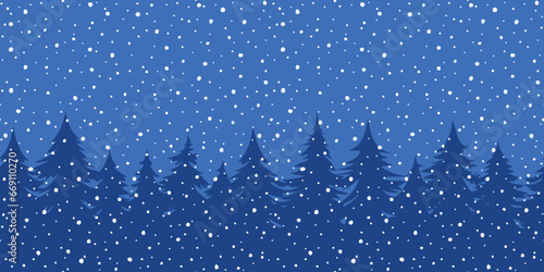 Minimalistic winter landscape, cartoon nature, forest and falling snow, vector illustration