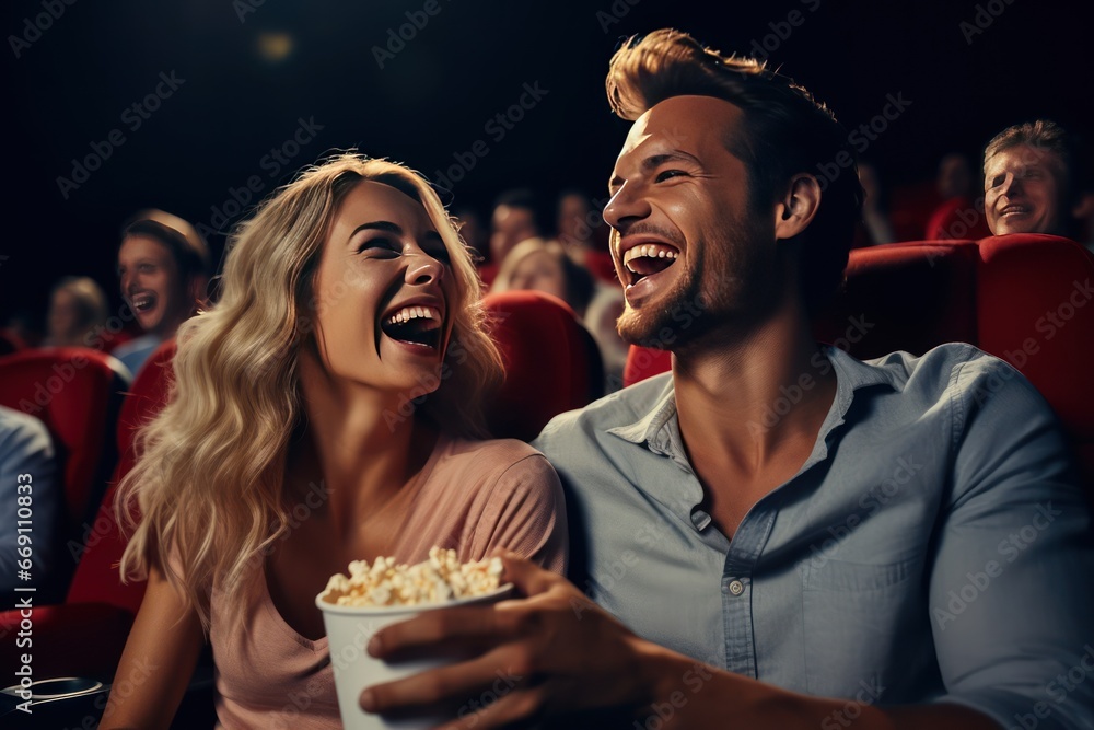 Photo of a man holds hand of young blonde woman watching movie with yummy popcorn sharing cheerful smiles on faces. Boyfriend and girlfriend smile enjoying movie while holding hands