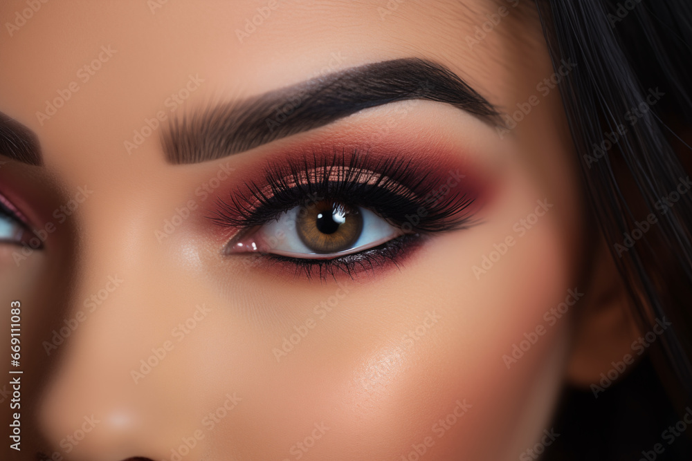 Close up of a captivating details of a woman's eye – a canvas adorned with meticulous makeup and impeccably shaped eyebrows Close up of a captivating details of a woman's eye – a canvas adorned with meticulous makeup and impeccably shaped eyebrows