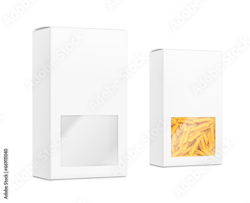 Hyper realistic cardboard box mockup. Half side view. Vector illustration isolated on white background. Sample with food design. Easy to place your design. EPS10.