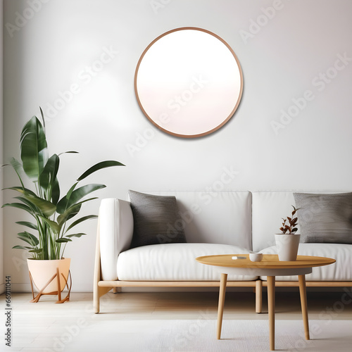Round, empty wooden frame mockup hanging on a wall in a livingroom © Ayman