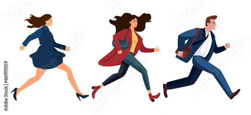People run, hurry, are late. Isolated on white background business, very busy man and two women.