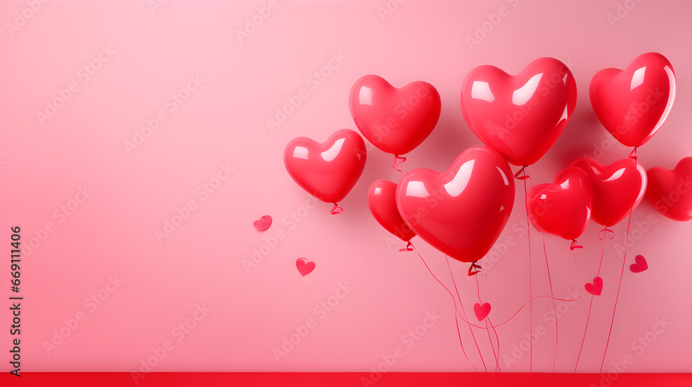Red heart balloons on blue background