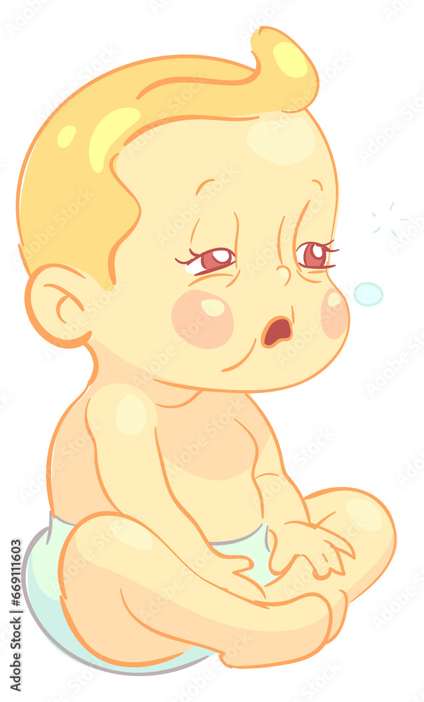 Tired sick baby sit in diaper. Cartoon toddler Tired sick baby sit in diaper. Cartoon toddler