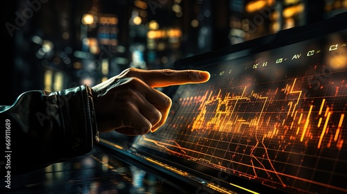 Hand of a man analyzing the statuses and values of stock market shares and cryptocurrencies