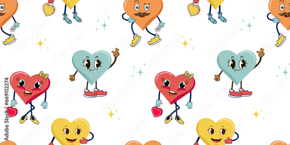 Obraz premium Vector Seamless background for vector illustration for valentine's day in retro 70's 80's style. cute cupid.