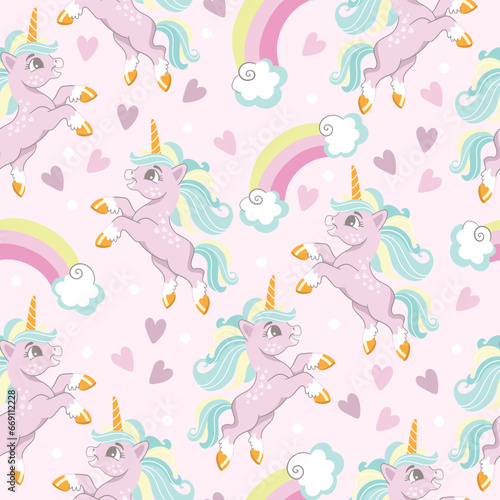 Seamless vector pattern rainbows and unicorns illustration © alinart