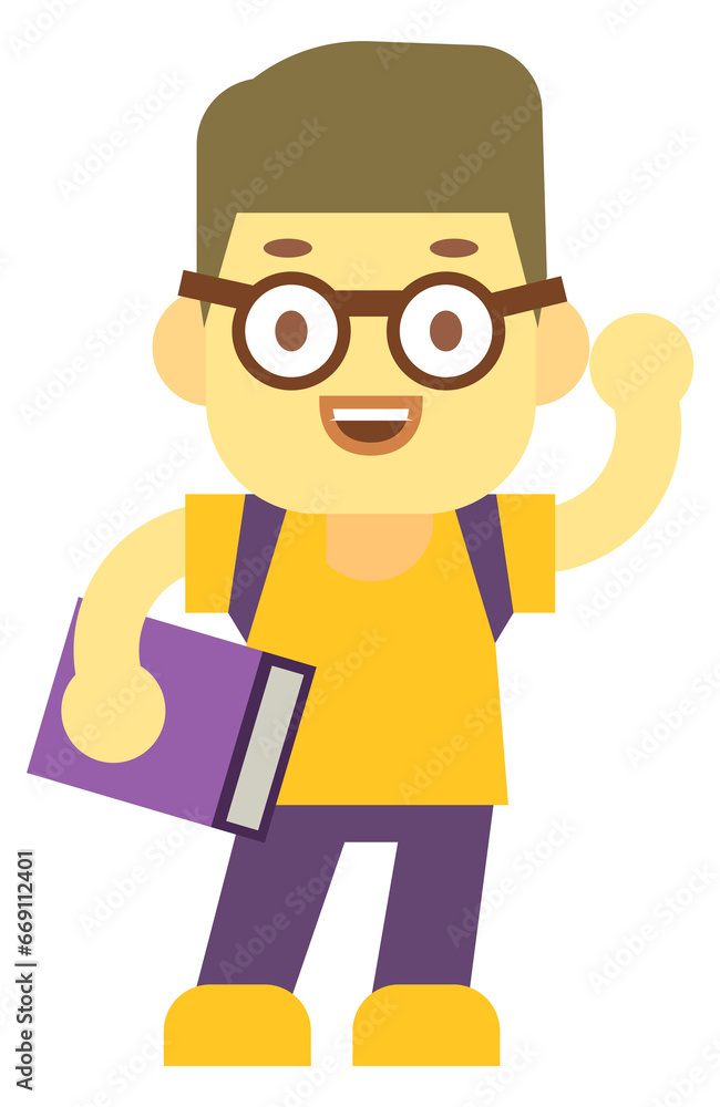 School boy color icon. Funny kid with book and backpack