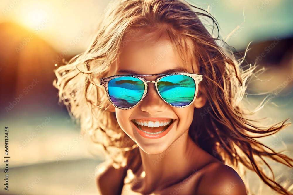 Portrait of a smiling beautiful female model with bikini wearing sunglasses on beach flowing hair, beautiful teeth, fun activities, enjoy summer vacation holiday travel kid family vibe concept