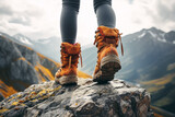 Close up of young woman hiker with modern trekking and climbing boots on a rock in background of mountain landscape view. Travel concept of vacation and holiday.