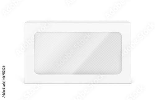 Universal mockup of blank cardboard box with transparent window. Vector illustration isolated on white background, ready and simple to use for your design. EPS10. 