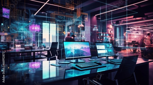 Modern cyberpunk open space office interior with information technology overlay. Corporate strategy for finance, operations, marketing. 