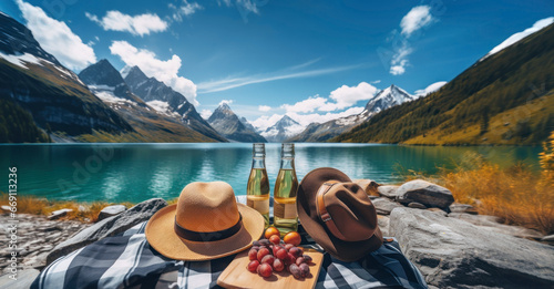 Lakeside Picnic Escape: Chilled beverages, fresh fruits, and sun hats against a backdrop of turquoise waters and snow-capped mountains photo