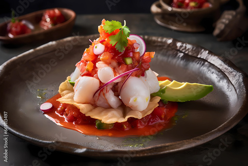 Delicious shrimp ceviche with vegetables, spices and avocado