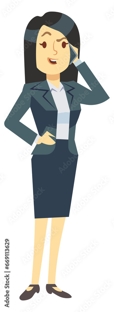 Businesswoman speaking on phone. Work call. Cartoon female character Businesswoman speaking on phone. Work call. Cartoon female character