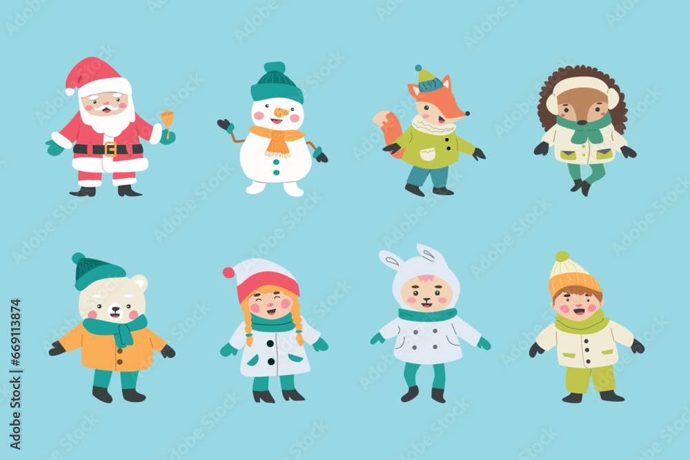 xmas cartoon characters kids, claus, animals - set xmas cartoon characters kids, claus, animals - set