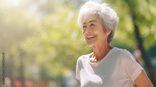 happy 80-year-old woman with short gray hair, wearing headphones doing yoga in the park on a warm summer day