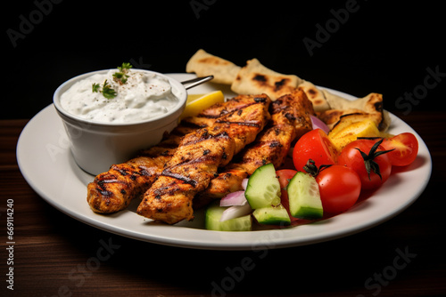 Greek chicken souvlaki with tzatziki sauce and fresh vegetables, grilled kebabs