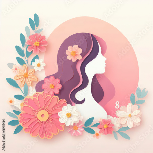 International Women's Day. Women's profile with flowers in applique style on pastel background. ai generative