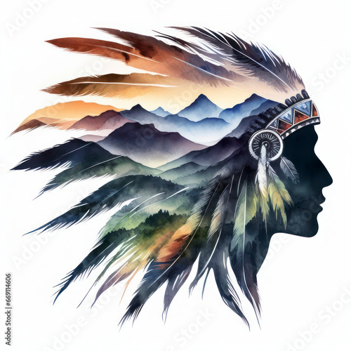 Native american silhouette, head morphing into mountains. ai generative photo