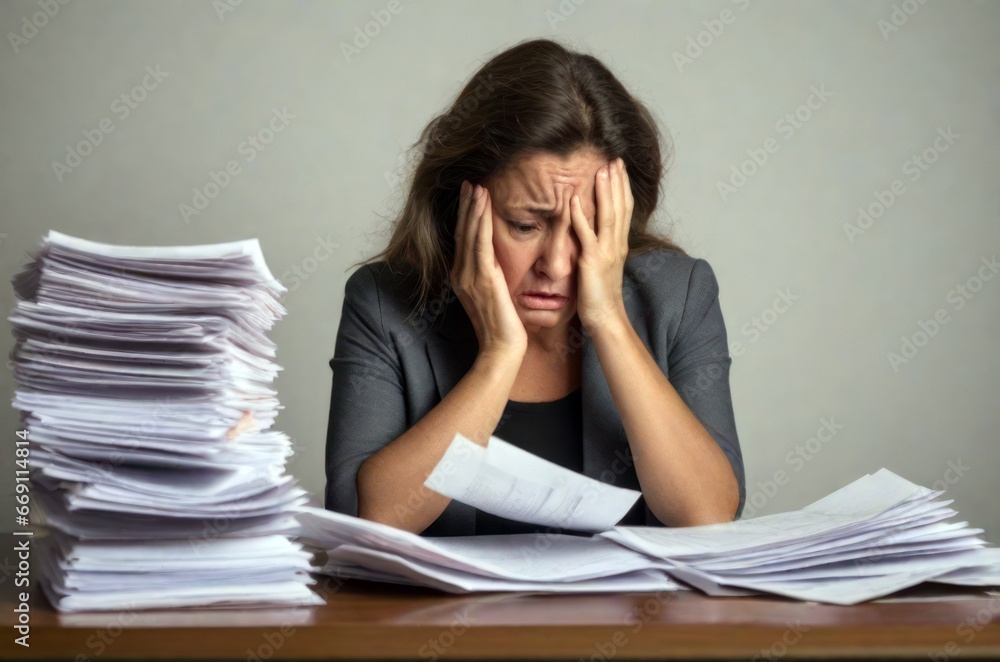 A young female office worker looks tired and stressed from too much paperwork. A young female office worker looks tired and stressed from too much paperwork.