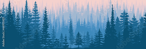 Coniferous forest in the morning haze, seamless border, banner	