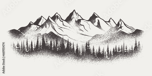 Vector sketch, mountains and forest, imitation of a pencil drawing