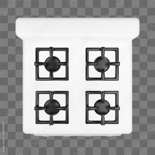 3d white gas stove top view isolated realistic vector. Kitchen interior appliance icon. Household heater digital kitchenware design above display. Glossy clean cooker element mockup png illustration