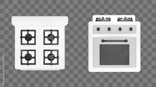 3d white kitchen stove with oven isolated above and front view. Realistic gas cooking kitchenware mockup. Modern glossy plastic burner heater element clipart collection with black handle in apartment