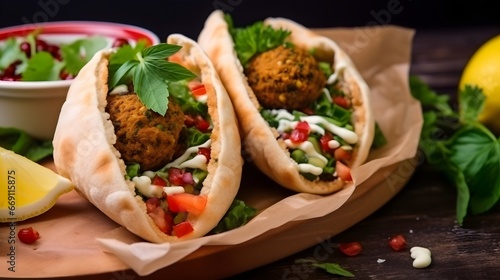 Authentic fresh falafel balls inside of two halves of pita bread sandwich with chopped salad, red hot peppers, lemon, a drizzle of tahini sauce. chickpea falafel in a fluffy pita on a wooden board