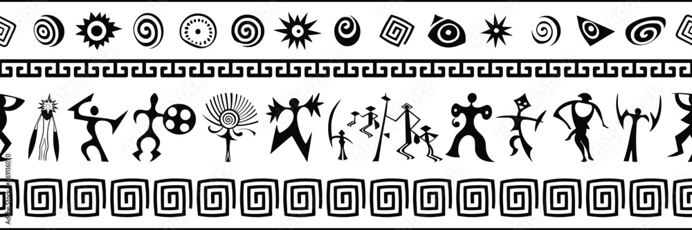 Ethnic seamless border on the theme of rock paintings, vector design, banner Ethnic seamless border on the theme of rock paintings, vector design, banner