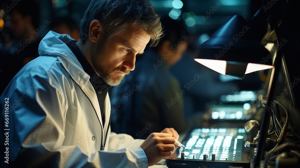 Portrait of a working scientist in a uniform. Laboratory, health. Wallpaper, illustration, background.