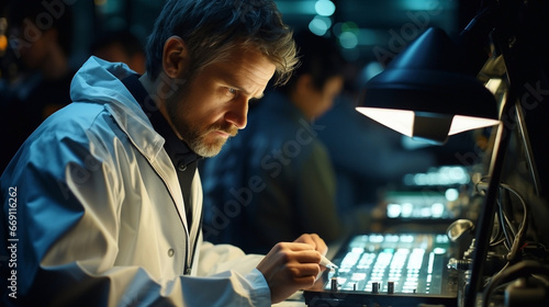 Portrait of a working scientist in a uniform. Laboratory, health. Wallpaper, illustration, background.
