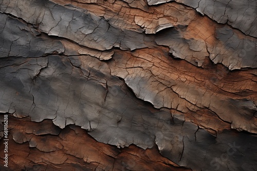 Bark peels in layers, revealing a rugged, weathered surface.