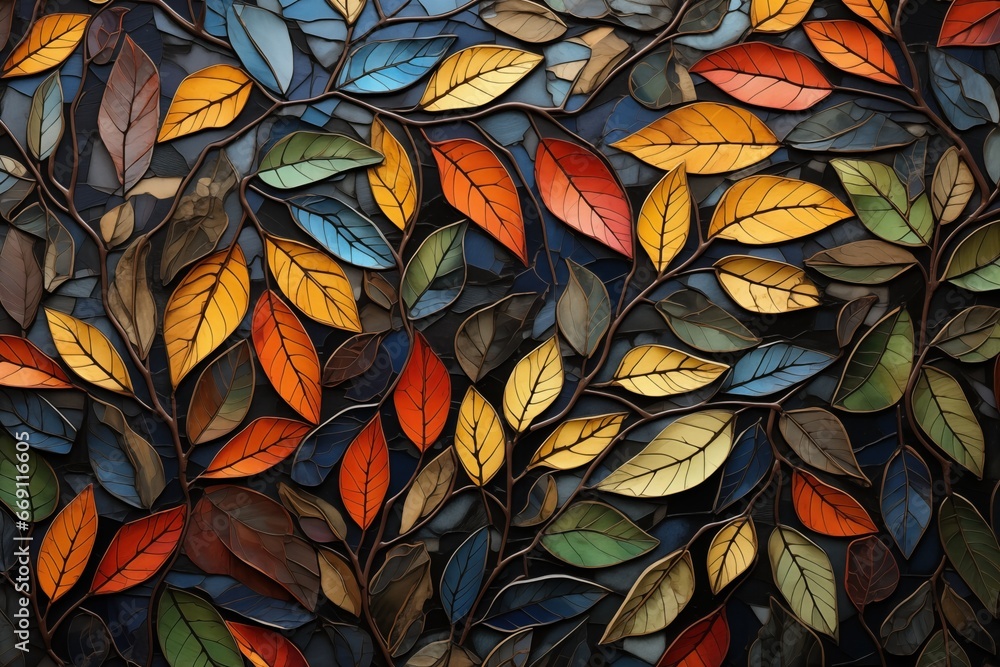 Leaves and twigs form an intricate, natural mosaic.