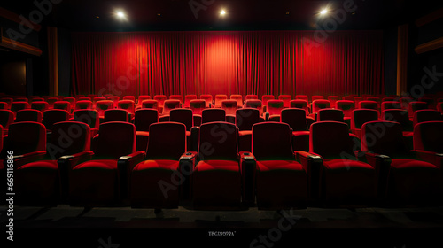 an empty cinema theater room with red seats.