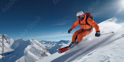 Skier jumping down a hillside in snow covered mountains on the background of a sunny day with blue sky © Kedek Creative