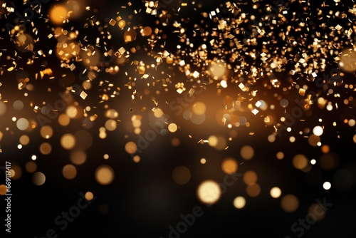 Christmas golden background. Holiday celebration glowing bokeh lights backdrop. 