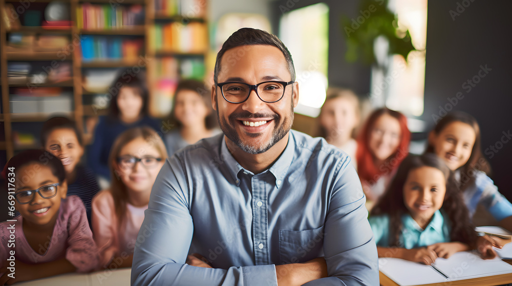 Portrait of handsome male teacher sitting in elementary classroom, education concept Portrait of handsome male teacher sitting in elementary classroom, education concept
