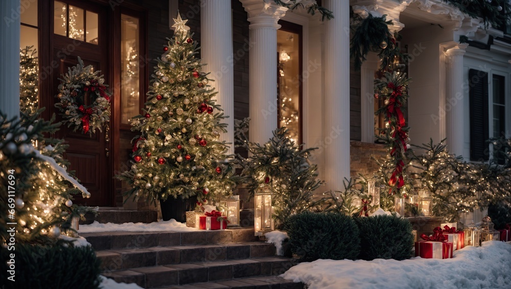 A luxurious home decked out in Christmas decorations that evoke a sense of wonder and enchantment	