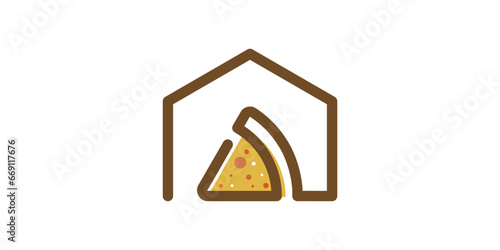restaurant design logo with a combination of house and pizza shapes made in a minimalist line style.