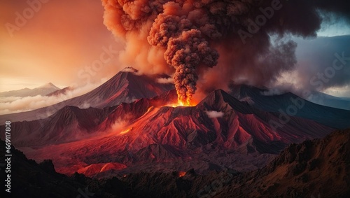 A fierce volcanic eruption unfolds, sending billowing smoke and ash into the fiery sunset sky. Lava flows illuminate the rugged terrain, casting a glow on the surrounding mountains.