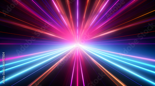 Speed motion on the neon glowing road at dark