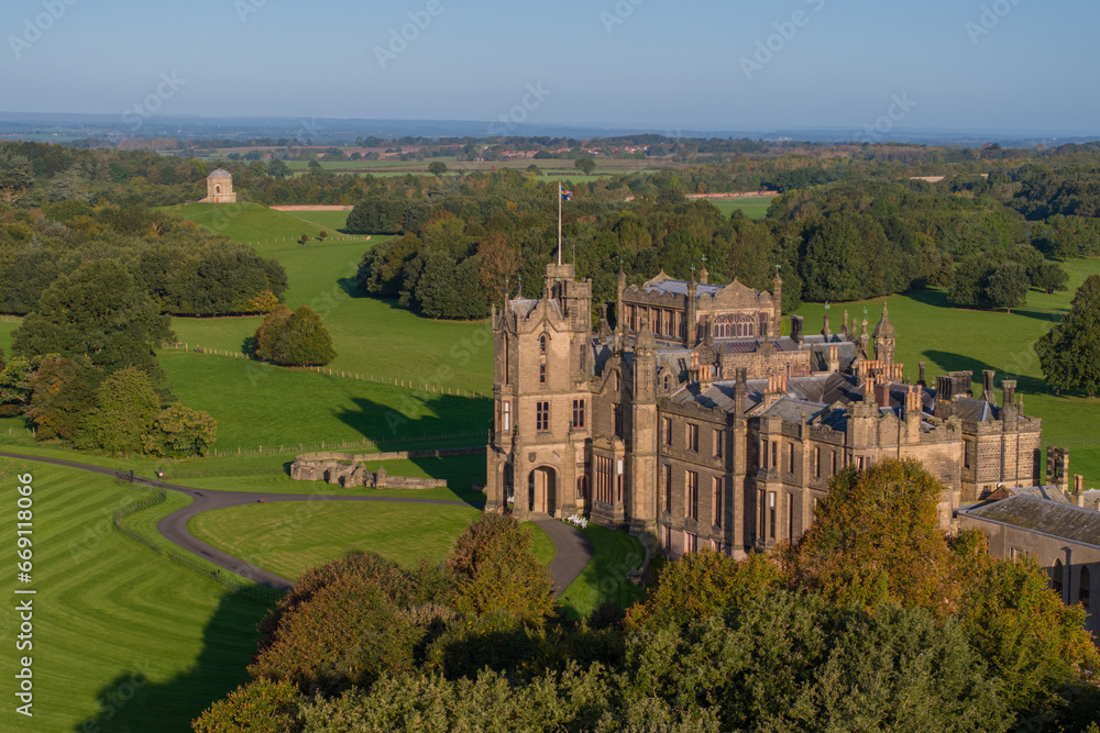 Allerton Castle North Yorkshire Castle and estate. Aerial view of the historic gothic castle near Leeds and York in Northern england. Allerton Castle North Yorkshire Castle and estate. Aerial view of the historic gothic castle near Leeds and York in Northern england.