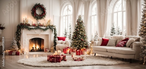 Wallpaper Mural interior of stylish white living room with lovely fireplace, Christmas tree, and holiday décor Torontodigital.ca