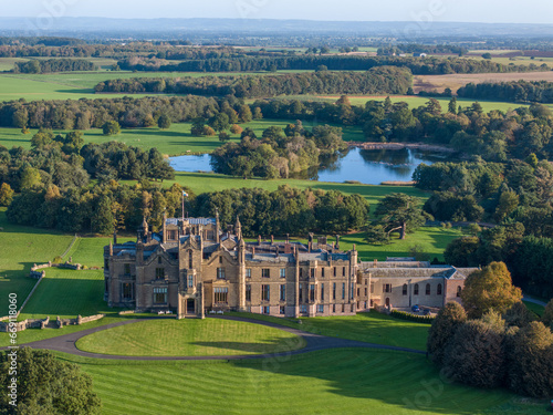 Allerton Castle North Yorkshire Castle and estate. Aerial view of the historic gothic castle near Leeds and York in Northern england.  photo