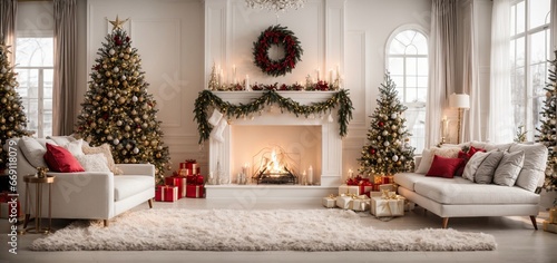 interior of stylish white living room with lovely fireplace, Christmas tree, and holiday décor