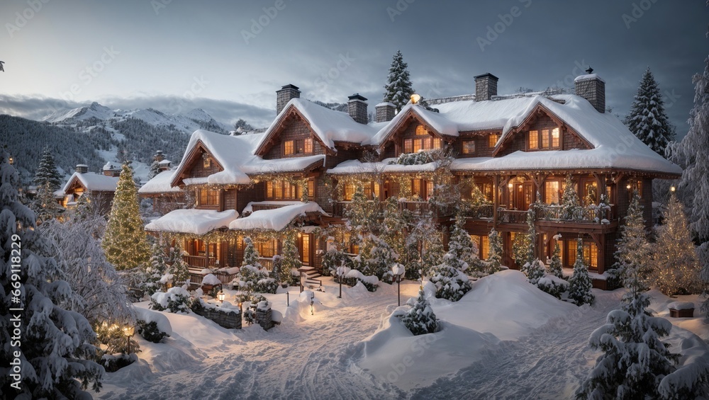 Fototapeta premium the snow-covered roofs and trees are the perfect canvas for these stunning holiday decorations, with each house showcasing a different style and theme, from traditional to modern 