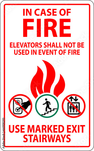 In Case Of Fire Sign: Elevators Shall Not Be Used In Event Of Fire, Use Marked Exit Stairways